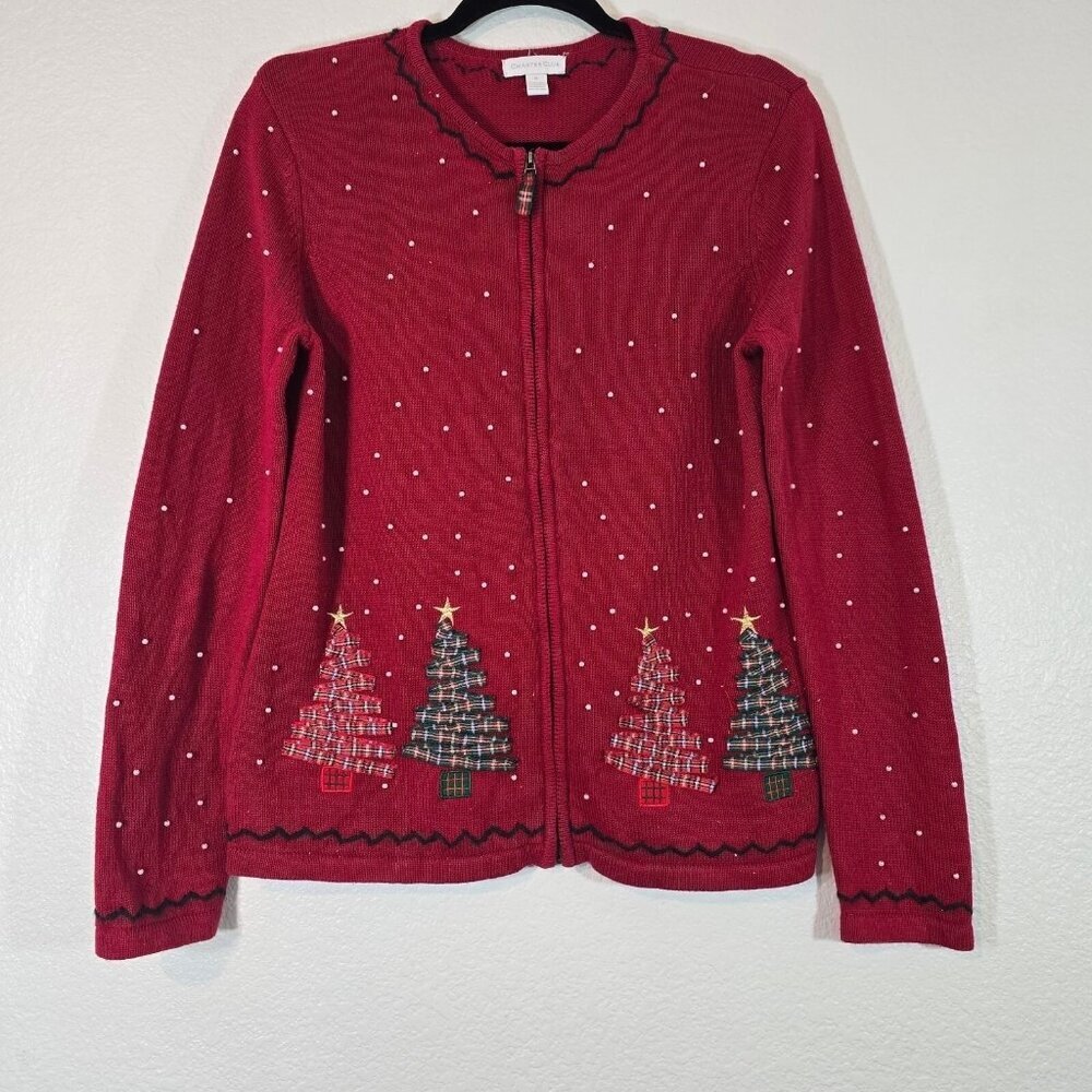 Charter Club Christmas Tree Sweater Women Medium Zip Beaded Grandmacore Cottage